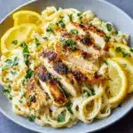 To plate, scoop the creamy lemon pasta onto a plate and top it with the sliced chicken Recipe