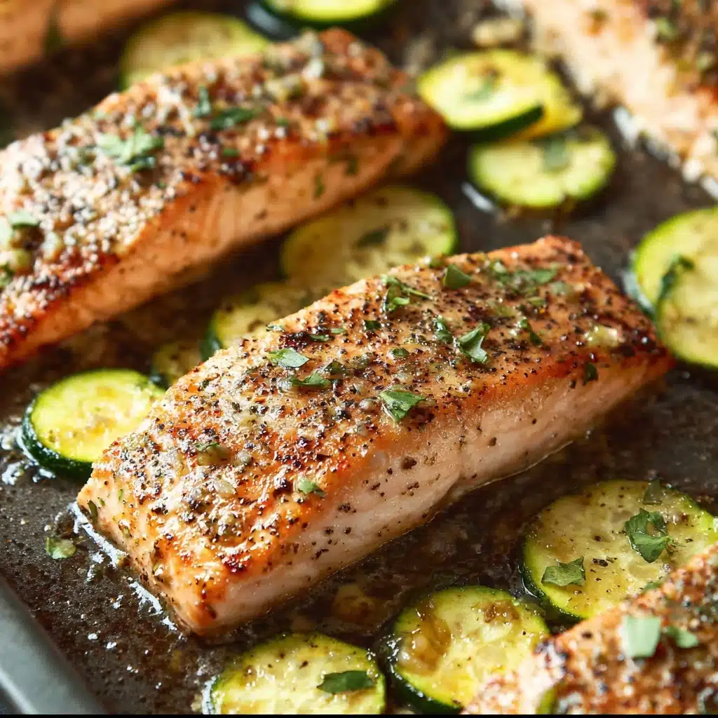 Place the baking sheet in the preheated oven and bake for 15-20 minutes, or until the salmon is cooked through (it should reach an internal temperature of 145°F or 63°C) and the zucchini is tender with golden edges Recipe - Recipe Image