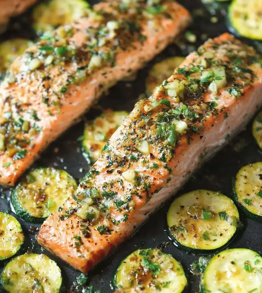 Place the baking sheet in the preheated oven and bake for 15-20 minutes, or until the salmon is cooked through (it should reach an internal temperature of 145°F or 63°C) and the zucchini is tender with golden edges Recipe - Recipe Image