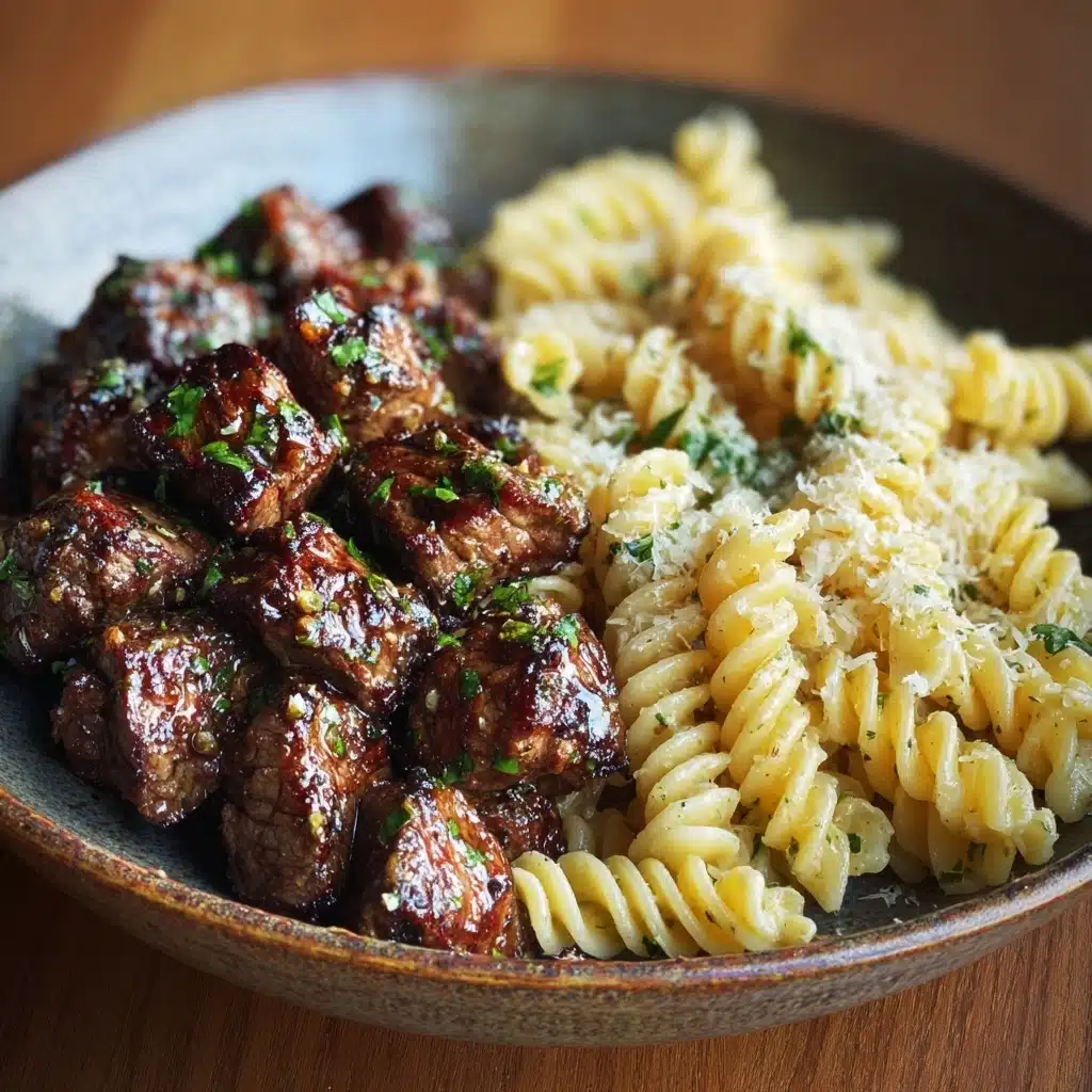 Garlic Butter Steak Bites with Creamy Parmesan Pasta Recipe - Recipe Image