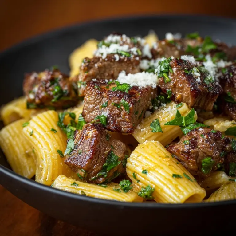 Garlic Butter Steak Tips with Cheesy Rigatoni Recipe