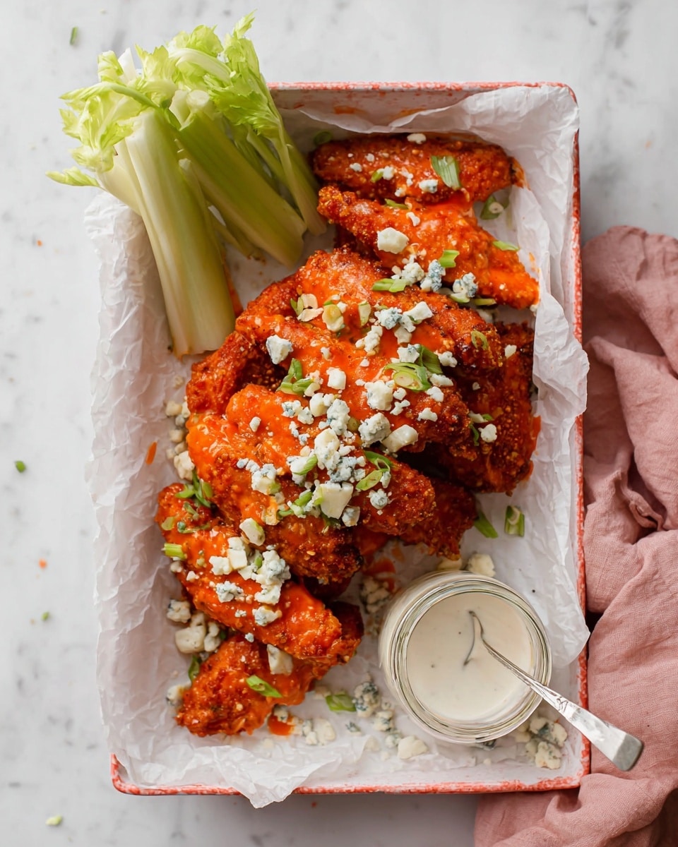 A white rectangular tray lined with crinkled white parchment paper holds a stack of bright orange, crispy fried chicken tenders coated in a thick buffalo sauce. The chicken pieces are sprinkled with small chunks of white blue cheese and finely chopped green onions, adding texture and color contrast on top. To the left side of the tray, a small bunch of fresh celery sticks with leafy ends rests upright. At the bottom right corner, a small clear glass jar filled with creamy white ranch dressing has a silver spoon placed inside it. The tray sits on a white marbled surface with a soft pink cloth partially visible on the right. Photo taken with an iphone --ar 4:5 --v 7