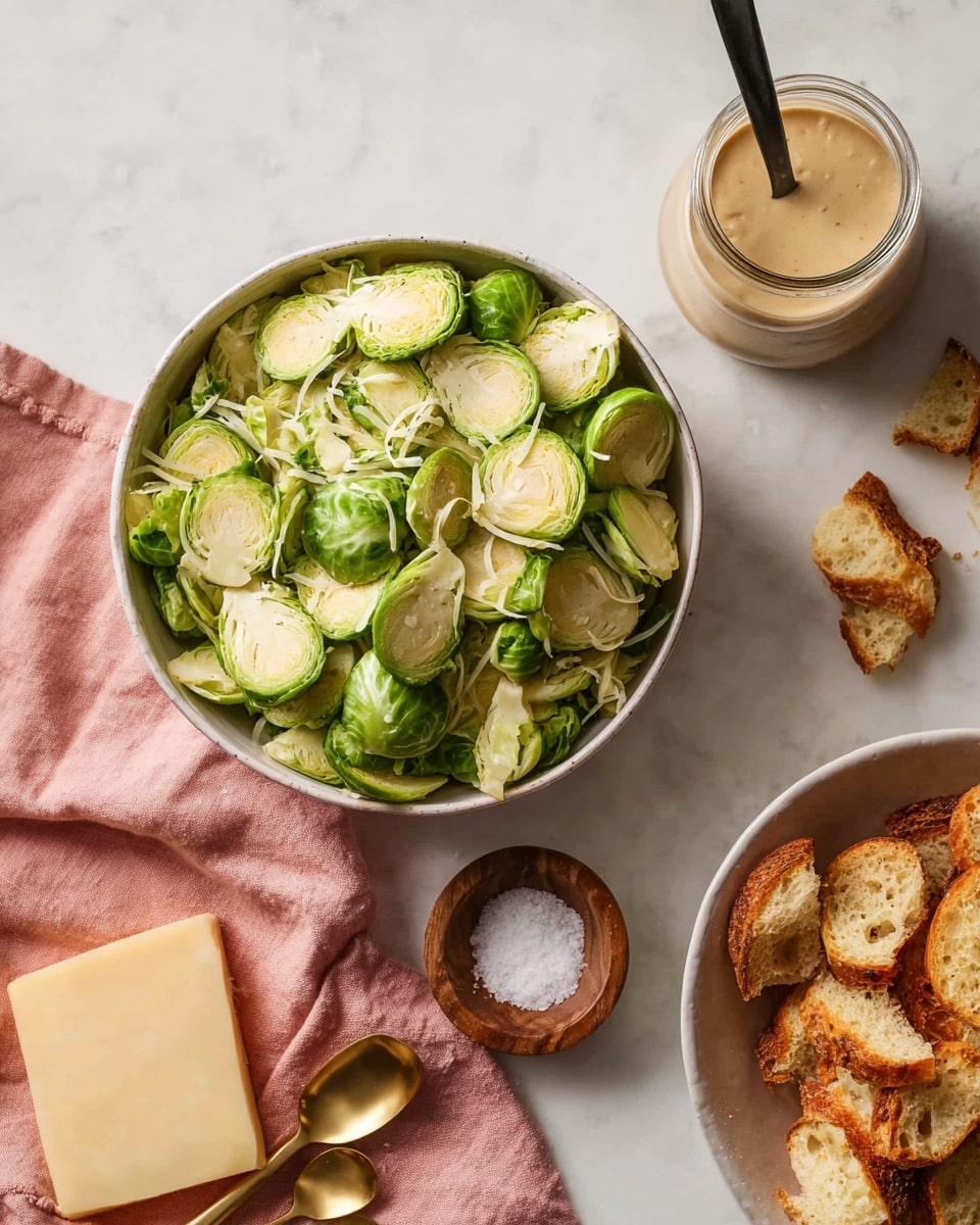 A round white bowl filled with thinly sliced Brussels sprouts that are light green with creamy pale centers, giving a fresh and crisp texture appearance. To the right, there is a white bowl with torn pieces of golden toasted bread showing a rough, crunchy texture. Above the white bowl is a clear jar filled with a thick beige sauce, with a black spoon sticking out of it. Below the Brussels sprouts bowl, there is a pink cloth holding a block and slices of pale yellow cheese with a slightly crumbly texture, and a small wooden bowl of coarse white salt along with two small golden spoons. The whole scene is set on a white marbled surface. photo taken with an iphone --ar 4:5 --v 7