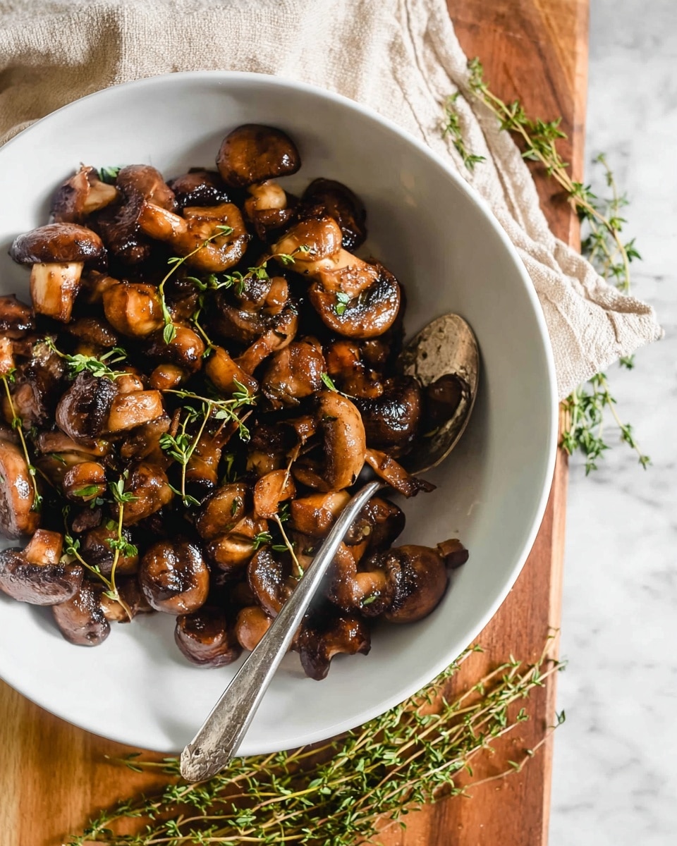 A white bowl filled with cooked mushrooms that are golden brown to dark brown in color, showing a slightly glossy and soft texture, topped with fresh green thyme sprigs scattered lightly over the mushrooms. A silver spoon rests inside the bowl on the right side, partly sinking into the mushrooms. The bowl sits on a beige cloth napkin placed on a wooden board, with more thyme sprigs lying nearby on a white marbled surface visible around the edges. Photo taken with an iphone --ar 4:5 --v 7