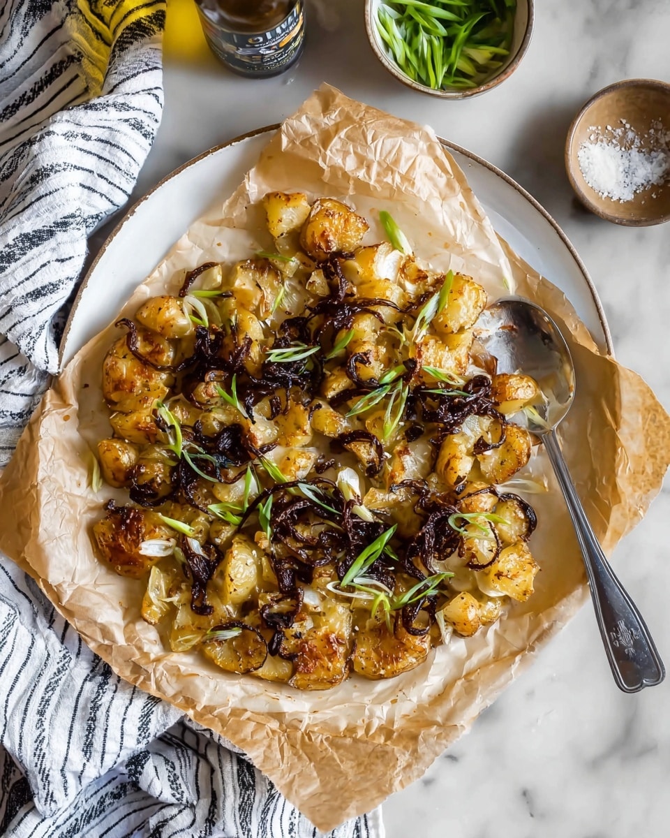 Crispy Smashed Potatoes with Roasted Garlic and Balsamic Shallots Recipe