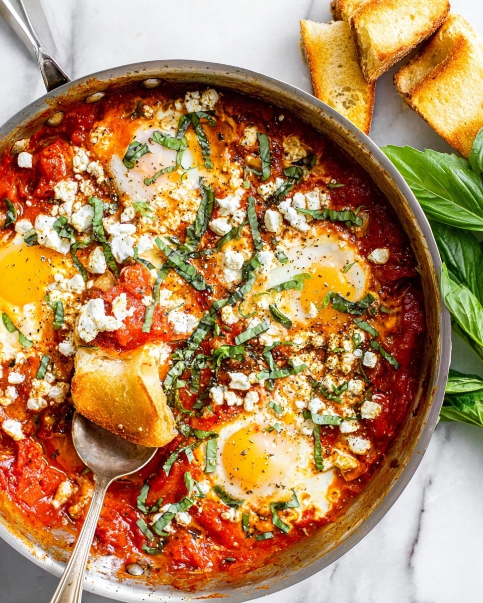 A close-up of a silver pan filled with shakshuka, showing a rich red tomato sauce base with visible chunks of tomatoes and spices. Four cooked eggs are nestled in the sauce, each with bright yellow yolks partially covered by white egg whites. Crumbled white cheese is sprinkled generously across the top along with thin strips of fresh green basil scattered over the dish. A silver spoon rests inside the pan, lifting a section of the shakshuka along with a piece of bread dipped into the sauce. The pan sits on a white marbled surface with green fresh basil leaves near the top right and several toasted bread pieces placed nearby. Photo taken with an iphone --ar 4:5 --v 7