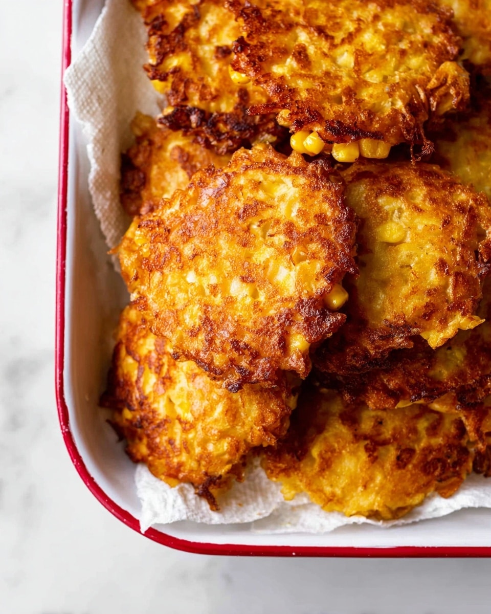 A close-up view of golden brown corn fritters stacked inside a white enamel tray with a red rim, lined with white paper towels. The fritters have a round shape with uneven edges, showing crisp, textured surfaces with bits of corn kernels visible inside. The fritters are piled on top of each other, some overlapping, creating a sense of depth. The tray sits on a white marbled surface, enhancing the warm, crispy look of the fritters. Photo taken with an iphone --ar 4:5 --v 7