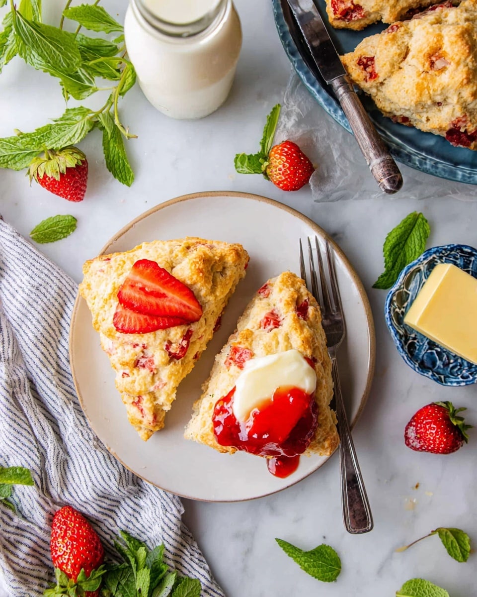 The image shows two triangular scones on a white plate, each scone has a golden-brown crumbly crust with bits of red strawberry inside, and a fresh sliced strawberry piece on top. One scone is open-faced with a thick layer of creamy butter, and a shiny red strawberry jam dollop on the right side. The plate is placed on a white marbled surface. Nearby, there is a blue dish holding a block of butter with a butter knife on it and some green mint leaves. A metal fork rests on the plate. There are bottles of milk around, a striped cloth napkin, fresh strawberries, and some green strawberry leaves scattered on the surface. Photo taken with an iphone --ar 4:5 --v 7