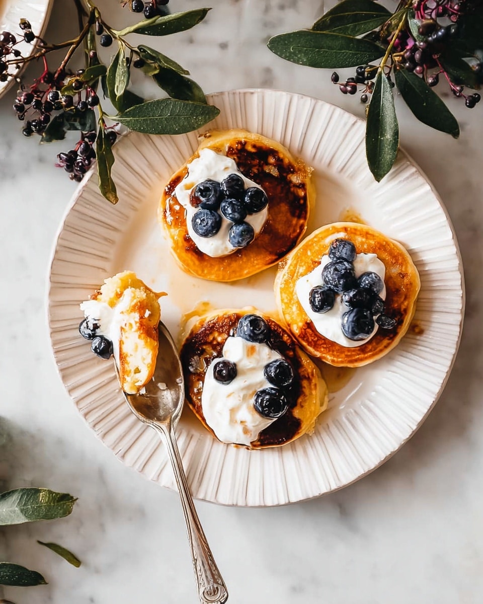 Three small, round pancakes with a golden caramelized top sit on a white plate with subtle ridges. Each pancake has a dollop of white cream on top, and fresh dark blue blueberries rest on and around the pancakes. A spoon holds a bite-sized piece of pancake with cream and a blueberry. The plate is on a white marbled surface, next to a small branch with green leaves and dark purple berries. Photo taken with an iphone --ar 4:5 --v 7