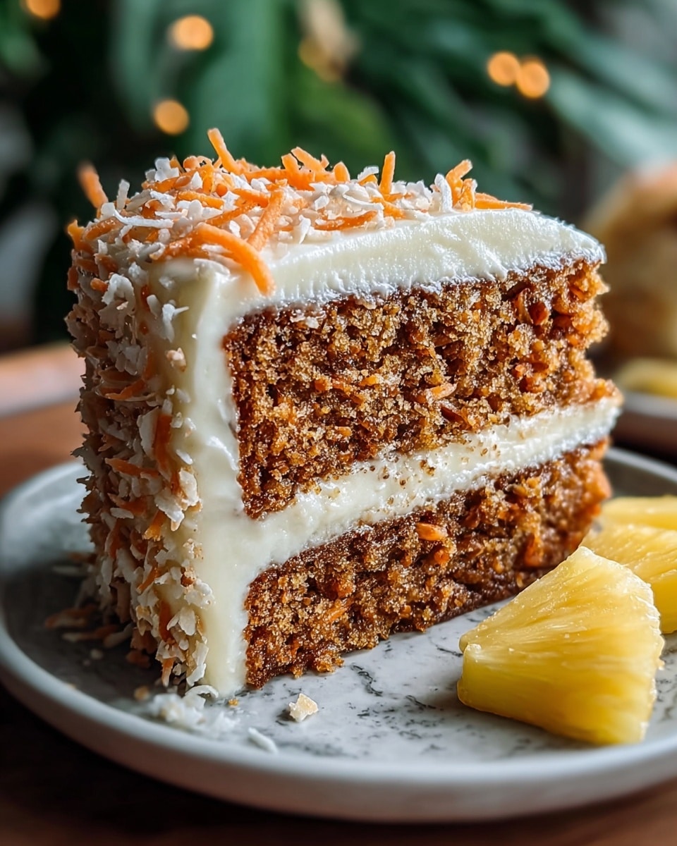 A close-up view of a two-layer carrot cake slice on a white plate with a few pieces of pineapple on the side. The cake layers are a rich brown with visible crumb texture. Between the two cake layers is a thick, smooth, creamy white frosting layer. The outside of the cake is also covered in the same creamy frosting. The top of the cake slice is sprinkled with shredded white coconut and small orange carrot shreds, adding texture and color contrast. The background shows soft focus greenery with warm light. The plate rests on a white marbled surface. photo taken with an iphone --ar 4:5 --v 7