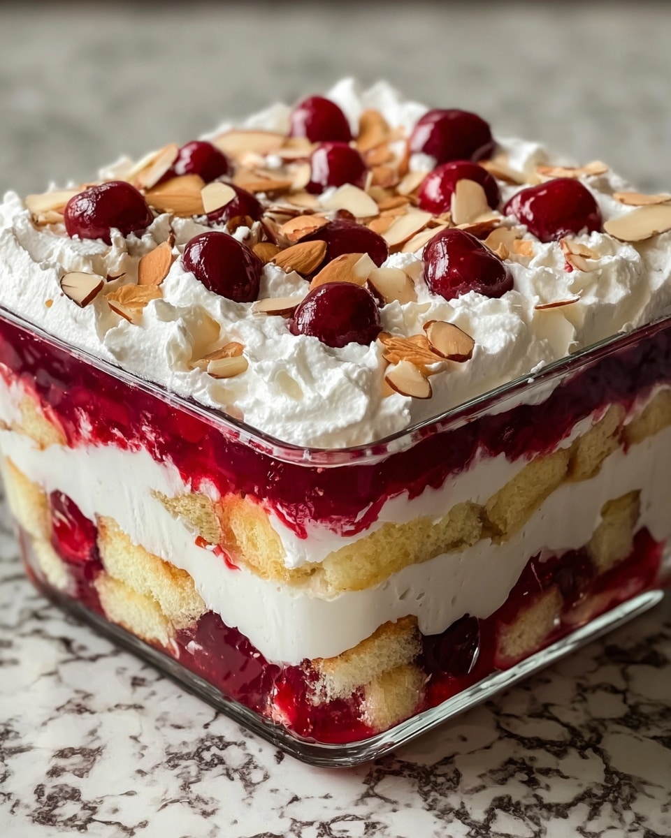 A clear square glass dish shows a layered dessert with four main layers: the bottom layer is a deep red cherry jelly mixed with cream, above it a thick layer of white creamy whipped topping, then a middle layer of light yellow sponge cake chunks, followed by another red cherry jelly and cream mix layer, and topped finally with a thick layer of white whipped cream decorated with whole dark red cherries and scattered light brown almond slices. The dish is placed on a white marbled texture surface. photo taken with an iphone --ar 4:5 --v 7