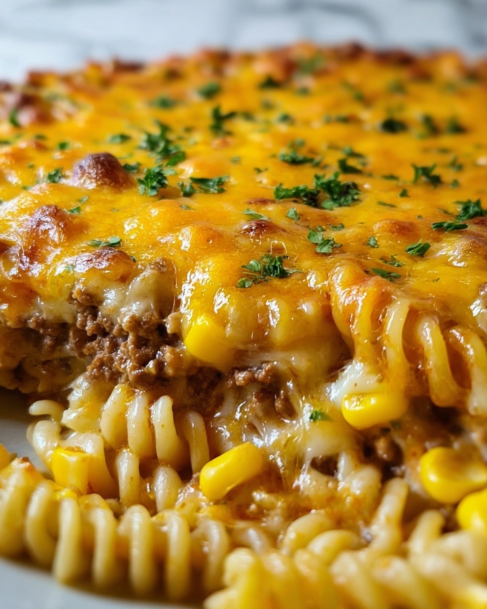 The image shows a close-up view of a cheesy pasta bake with three visible layers. The bottom layer consists of cooked spiral pasta in a light yellow color, mixed with small pieces of browned ground meat. The second layer is bright yellow corn kernels scattered evenly over the pasta and meat. The top layer is a thick, melted layer of golden brown cheese with some crispy, darker brown spots. Fresh chopped green herbs are lightly sprinkled over the cheese, adding a touch of color contrast. The dish is presented on a white plate, placed on a white marbled surface. photo taken with an iphone --ar 4:5 --v 7
