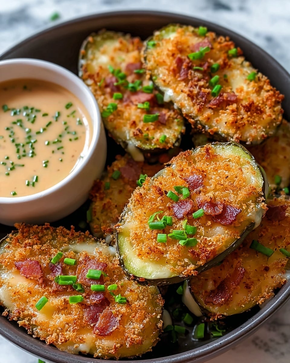 A close-up of several baked pickle halves arranged in a dark bowl, each slice having three visible layers: a crispy golden-brown breadcrumb topping with small bits of reddish bacon and bright green chopped chives scattered on top, a creamy, melted cheese layer beneath that, and the dark green pickle skin forming the outer edge. To the side inside the bowl is a white bowl filled with a light tan dipping sauce sprinkled with green chives. The background is a white marbled texture. photo taken with an iphone --ar 4:5 --v 7