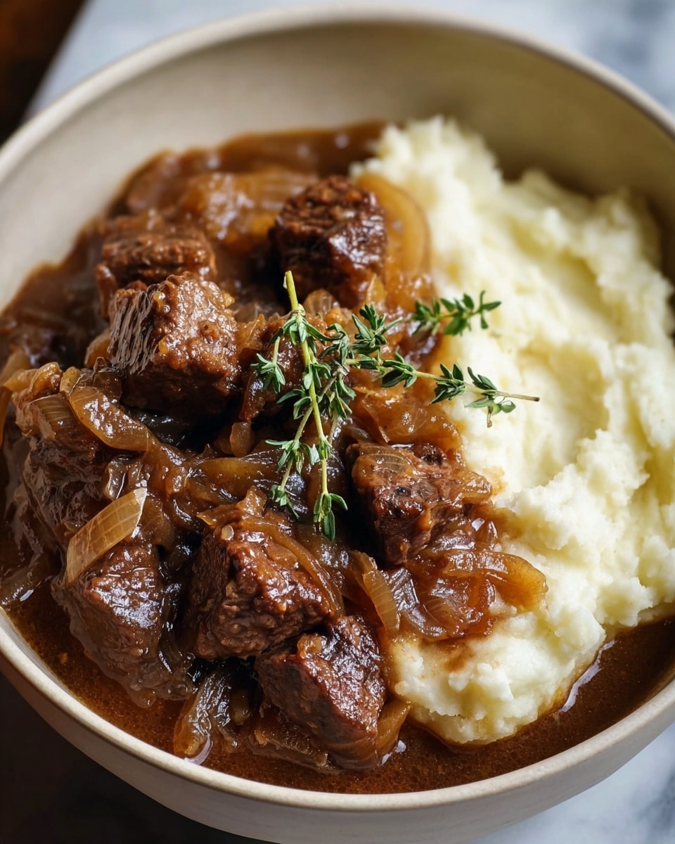 The dish shows a close-up view of a bowl filled with three main layers: a base layer of soft, creamy mashed potatoes in white, smooth texture at the back right, a middle layer of chunky brown beef stew with visible seared edges and tender meat texture, mixed with translucent cooked onion pieces that have a glossy, caramelized look, resting mostly on the left and center, topped with a small sprig of fresh green thyme placed on top of the stew, all served in a white bowl on a white marbled surface. Photo taken with an iphone --ar 4:5 --v 7