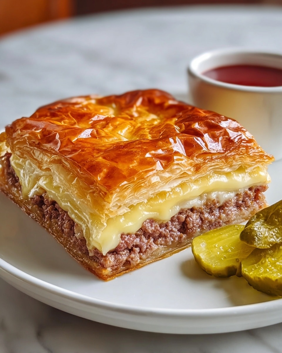 A square piece of pie with three visible layers sits on a white plate with rounded edges; the top layer is golden brown and flaky puff pastry with a shiny, crispy texture, beneath it is a creamy, light yellow melted cheese layer, and the bottom layer is a moist, finely ground meat mixture in a brownish-red color. To the right side on the plate, there are three pickles arranged in a small stack showing their green wrinkled skin. In the background, a small white cup filled with red dipping sauce is partially visible. The plate is placed on a table with a white marbled texture surface. photo taken with an iphone --ar 4:5 --v 7