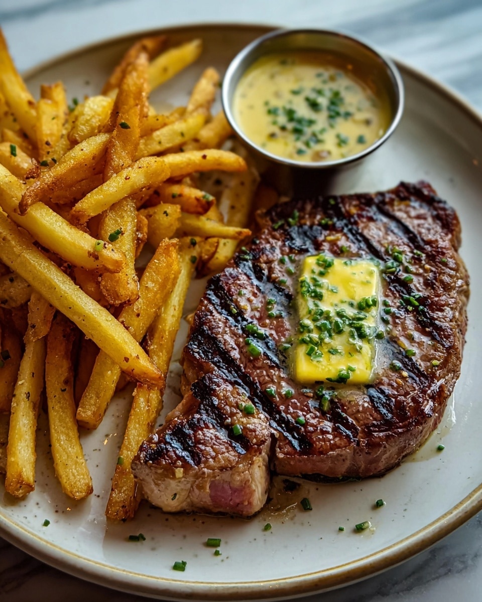 A white plate holds a juicy grilled steak with visible dark grill marks across its surface, topped with melted yellow butter and small green herb sprinkles; beside the steak is a pile of golden crispy fries with some seasoning. In the upper left corner of the plate, there is a small round metal cup filled with a creamy light yellow sauce with green herb bits on top. The plate sits on a white marbled surface. photo taken with an iphone --ar 4:5 --v 7