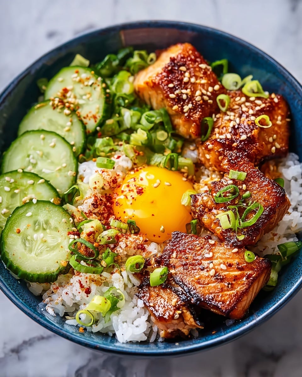 A blue bowl filled with a base layer of white rice sprinkled with red spices, topped with several pieces of grilled salmon, golden-brown with a slightly crispy texture and sprinkled with sesame seeds and green onion slices. To the left and right of the salmon are fresh cucumber slices, bright green with a smooth texture. At the back of the bowl is a shiny, sunny yellow egg yolk resting on more rice and small pieces of green onion scattered throughout. The bowl is placed on a white marbled surface. photo taken with an iphone --ar 4:5 --v 7