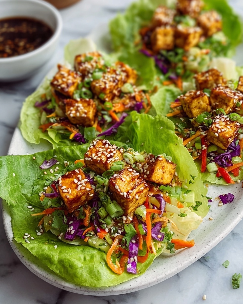 The image shows four lettuce wraps arranged on a white oval plate set on a white marbled surface. Each wrap has one large, bright green lettuce leaf as the base. On top of the lettuce is a mix of colorful shredded vegetables including orange carrots, purple cabbage, and green onions, creating a fresh and crunchy layer. At the top layer, golden-brown cubes of tofu are sprinkled with white sesame seeds, adding a textured look. Small green herbs, likely cilantro, are scattered around, giving a fresh finish. A white bowl with a dark sauce is visible blurred in the background. Photo taken with an iphone --ar 4:5 --v 7