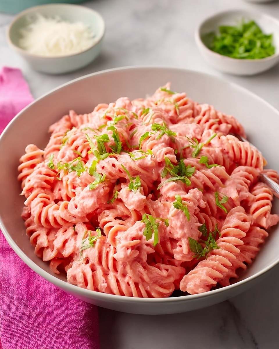 A bowl of creamy pink pasta is placed on a white marbled surface with a bright pink cloth underneath. The pasta inside the white bowl is fusilli, thickly coated with a smooth, vibrant pink sauce that has a rich and creamy texture. Small pieces of fresh green herbs are scattered on top, adding a pop of color and freshness. In the background, there are small white bowls with finely chopped green herbs and white grated cheese, slightly blurred to keep the focus on the pasta. photo taken with an iphone --ar 4:5 --v 7