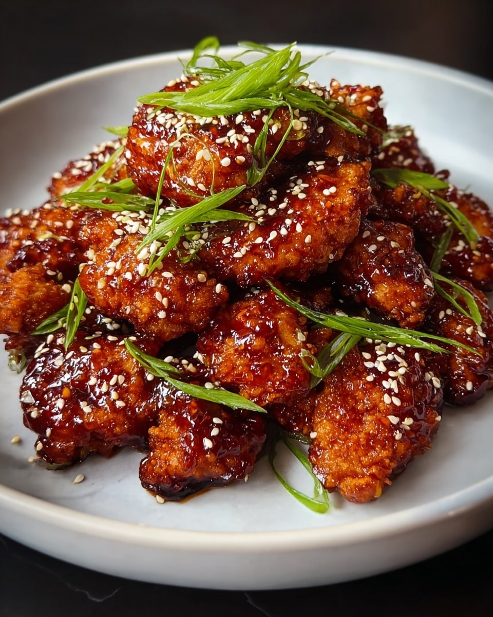 A pile of crispy, golden-brown fried chicken pieces is covered in a shiny, sticky dark reddish-brown sauce and sprinkled generously with white sesame seeds. Bright green sliced scallions are scattered on top, adding a fresh pop of color. The chicken sits on a white plate with a simple design, against a white marbled texture surface that softly highlights the dish’s rich colors and crispy texture. Photo taken with an iphone --ar 4:5 --v 7