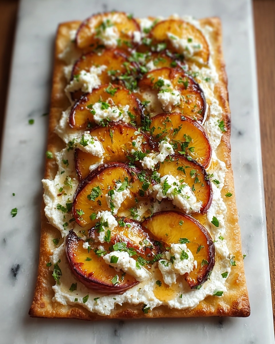 The image shows a rectangular flatbread with four layers placed on a white marbled texture. The bottom layer is a golden brown flatbread with a crisp texture. On top of the flatbread is a thick spread of creamy white ricotta cheese covering the entire surface evenly. The third layer has warm, caramelized peach slices with a rich orange color and slight charring on the edges arranged in a single row along the length. The top layer consists of small white dollops of cheese and scattered chopped fresh green herbs adding a fresh touch, with a glistening honey glaze drizzling over everything for shine. Photo taken with an iphone --ar 4:5 --v 7