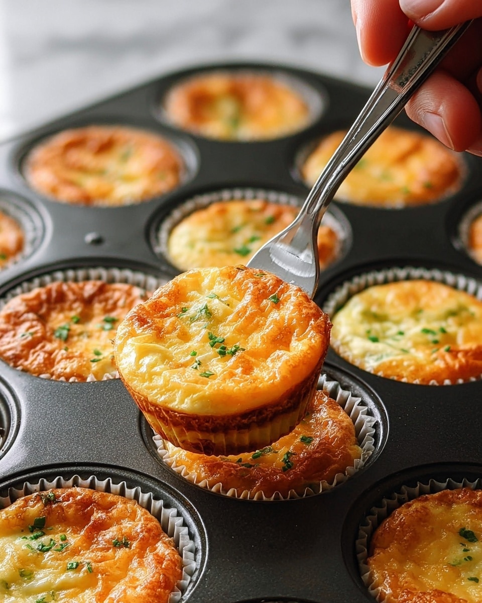 The image shows a close-up of mini egg muffins freshly baked in a dark muffin tray, each with a crispy golden-brown top layer sprinkled with small chopped green herbs. The muffins have a fluffy, slightly bubbly texture and are held in translucent, ridged baking cups that show light orange and yellow inside, suggesting cooked egg mixed with green bits. A silver fork held by a woman's hand lifts one muffin, highlighting its slightly browned edges and soft, airy center. The row of muffins in the tray fades softly into the white marbled background. photo taken with an iphone --ar 4:5 --v 7