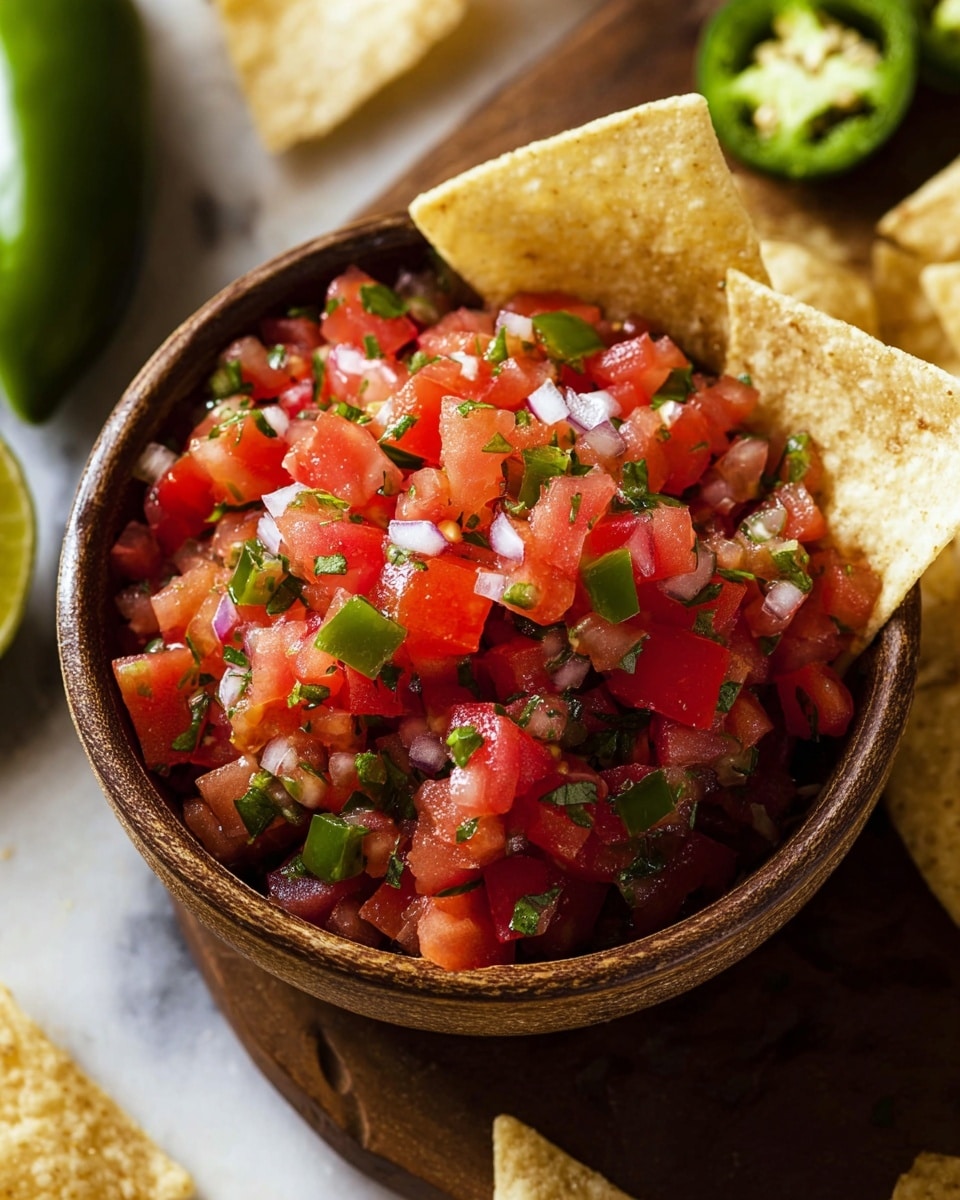 A close-up image of a brown bowl filled with a fresh salsa mix, showing three main layers mixed together: bright red diced tomatoes, small pieces of green jalapeño, and white diced onions, all combined with green herbs scattered throughout. The texture looks juicy and fresh, with colorful, uneven small chunks. Around the bowl, white tortilla chips are placed and slightly leaning inside the bowl. The background has a white marbled texture with a glimpse of more tortilla chips and a cut green jalapeño. photo taken with an iphone --ar 4:5 --v 7