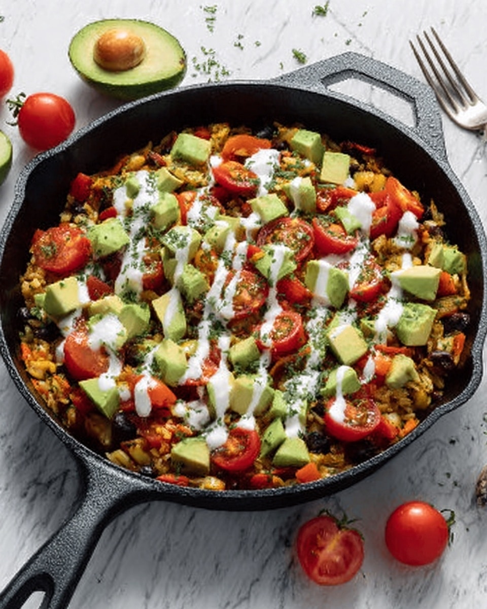 A black cast iron skillet filled with colorful food arranged in layers: a base of cooked rice mixed with small diced vegetables, topped with halved red cherry tomatoes, chunks of green avocado, and small green herbs scattered all over; white drizzle of sour cream is spread unevenly on top. The skillet sits on a white marbled surface with a metallic fork visible on the right side of the image, and a few whole cherry tomatoes and a halved avocado placed around the skillet. Photo taken with an iphone --ar 4:5 --v 7