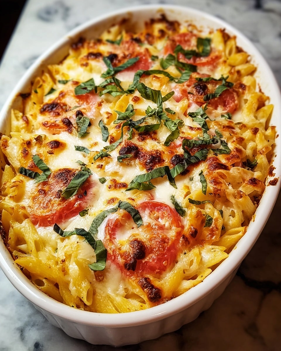 A white oval dish holds a baked pasta dish with three visible layers. The bottom layer is yellow pasta, soft and slightly curled. Above that are slices of red tomatoes, partially covered with melted white cheese that is browned in spots from baking. Fresh green basil leaves are thinly sliced and scattered across the top. The edges of the pasta show a bit of slight browning. The dish is set on a white marbled surface. photo taken with an iphone --ar 4:5 --v 7