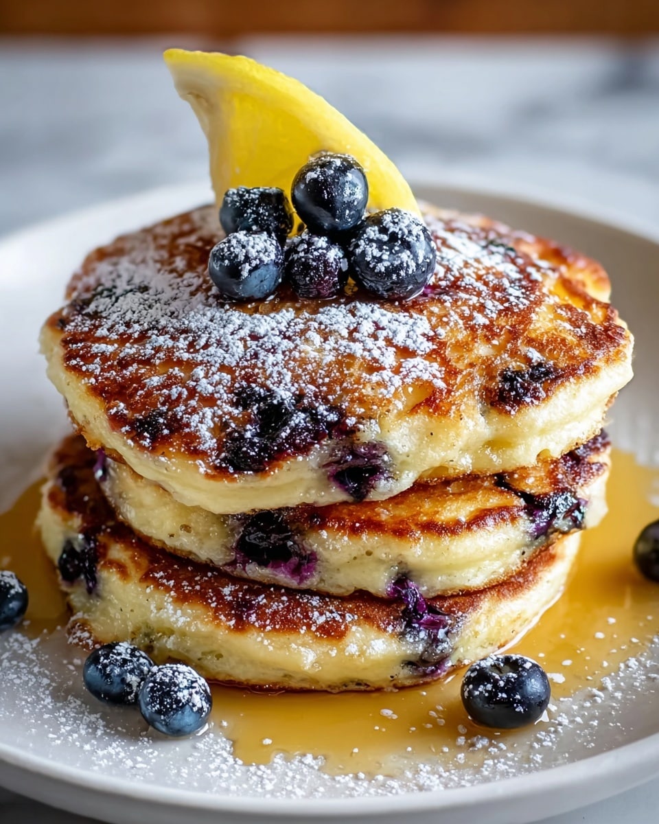 A stack of three thick, golden-brown blueberry pancakes sits centered on a white plate with a white marbled texture underneath. Each pancake layer is fluffy with visible blueberries baked inside, some slightly bursting and oozing juice. The top pancake is dusted with powdered sugar, topped with fresh blueberries and a small lemon wedge placed upright. Light amber syrup is pooling around the base, with a few scattered blueberries resting on the plate around the stack. The edges of the pancakes have a crispy texture, contrasting with the soft interior. photo taken with an iphone --ar 4:5 --v 7