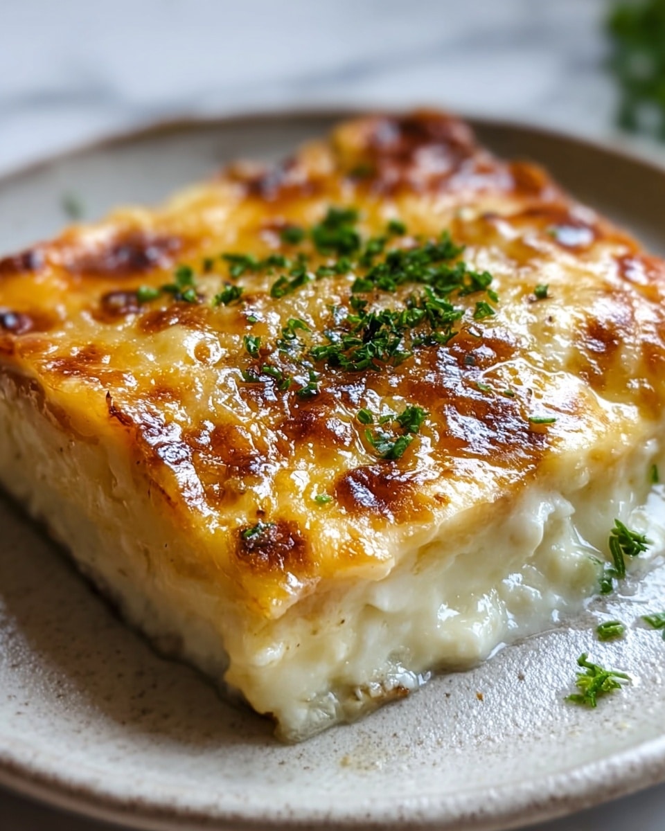 A close-up view of a single rectangular piece of baked dish with three visible layers: a bottom thick white creamy layer, a middle slightly translucent pale layer, and a top layer of golden-brown melted cheese with bubbly browned spots. The top is sprinkled with chopped green herbs, adding color contrast. The dish is served on a slightly textured white plate placed on a white marbled surface. Photo taken with an iphone --ar 4:5 --v 7