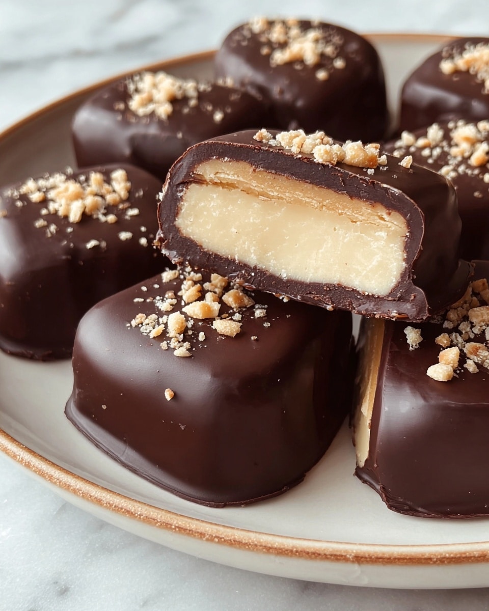 The image shows several small chocolate-covered treats arranged closely on a white plate with a light brown rim, placed on a white marbled surface. Each treat has three visible layers: a smooth, dark glossy chocolate layer on top and covering the sides, a pale creamy beige filling in the middle with a slightly grainy texture, and a thin dark chocolate layer at the bottom. The top chocolate layer is decorated with small pieces of crushed nuts that are light brown and beige. Some treats are whole while others are cut in half, showing the creamy filling inside clearly. Photo taken with an iphone --ar 4:5 --v 7