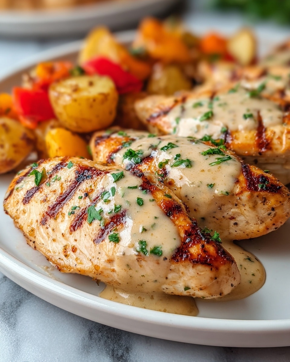 The image shows three grilled chicken breasts placed side by side on a white plate, each with a golden-brown charred surface and light grill marks. A creamy sauce with a light beige color covers the top part of the chicken, garnished with small pieces of fresh green parsley. In the background, partially blurred, there are diced roasted vegetables in warm colors like orange and red. The plate sits on a surface with a white marbled texture. photo taken with an iphone --ar 4:5 --v 7