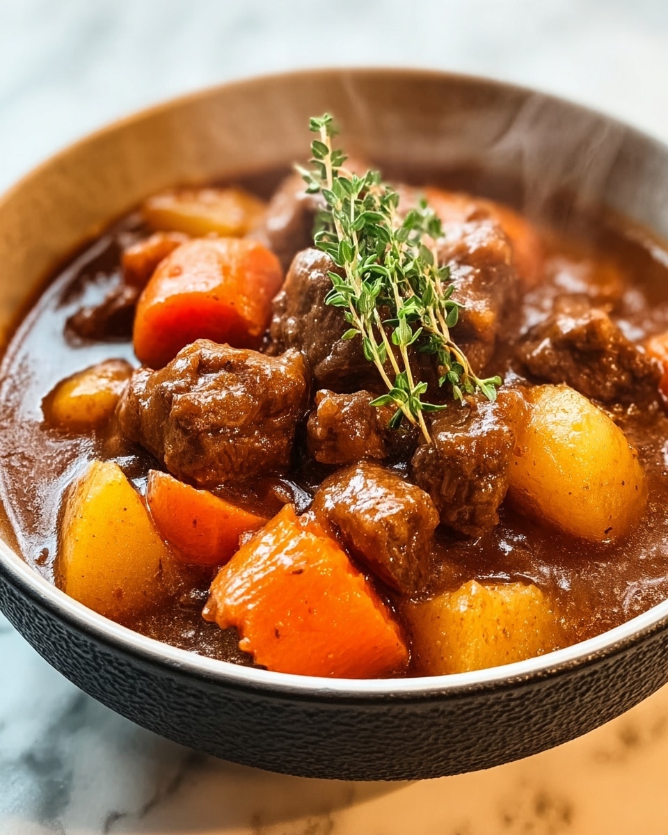 A close-up of a bowl filled with three main layers: chunky pieces of brown stewed beef, bright orange carrot chunks, and soft yellow potato pieces all coated in a rich brown gravy. On top, a small sprig of fresh green thyme rests in the middle. The bowl is white with a textured dark rim, and steam rises from the hot stew, set against a white marbled surface. photo taken with an iphone --ar 4:5 --v 7
