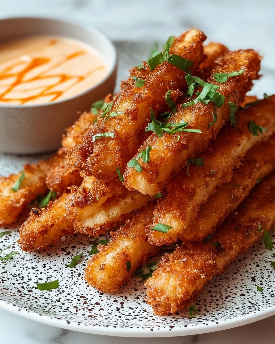 The image shows a stack of golden-brown fried sticks, each with a crispy and textured outer layer, arranged in a slightly messy pile on a white plate with black speckles. On top of the fried sticks, small pieces of fresh green herbs are sprinkled, adding a touch of color. In the background, there is a small bowl filled with a creamy light orange dipping sauce, garnished with thin orange streaks and more green herbs. The whole scene sits on a white marbled surface, giving a clean and bright look. photo taken with an iphone --ar 4:5 --v 7