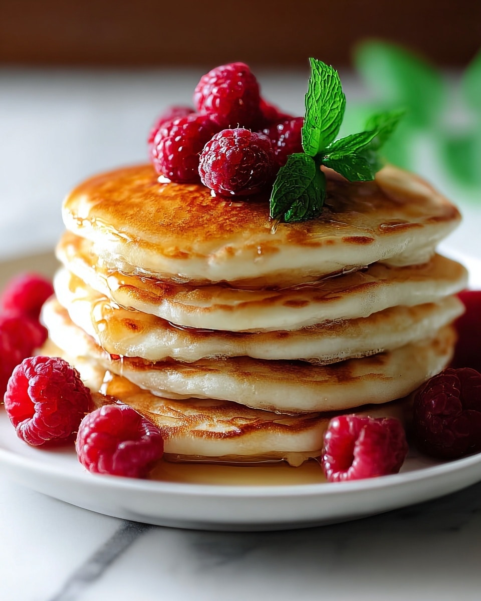 A stack of six golden brown pancakes is arranged neatly on a white plate placed on a white marbled surface. The pancakes have a soft, fluffy texture with slightly crisp, browned edges. A shiny layer of amber syrup is drizzled generously over the stack, creating glistening highlights and gentle drips down the sides. On top, there is a cluster of bright red raspberries, with a fresh green mint leaf adding a pop of color and freshness. More raspberries are scattered around the base of the plate, completing the inviting, colorful presentation. Photo taken with an iphone --ar 4:5 --v 7