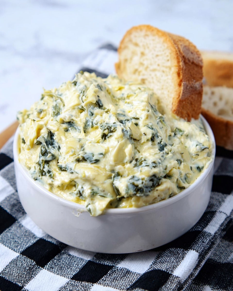 A white bowl filled with thick, creamy spinach artichoke dip that is light yellow with green spinach pieces mixed in. The dip looks soft and slightly chunky, piled high above the bowl edge, with a slice of light brown bread dipped into it on the right side. The bowl sits on a black and white checkered cloth, all placed on a white marbled surface. photo taken with an iphone --ar 4:5 --v 7