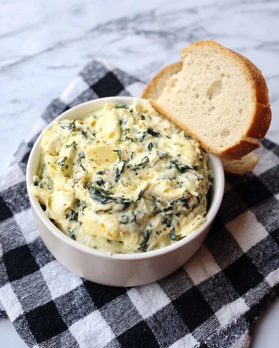 A white bowl full of creamy, chunky dip with visible green leafy bits and soft pale yellow chunks, slightly spilling over the edge; a slice of light beige bread is partially dipped into the mixture on the right side. The bowl sits on a black-and-white checkered cloth over a white marbled surface. photo taken with an iphone --ar 4:5 --v 7