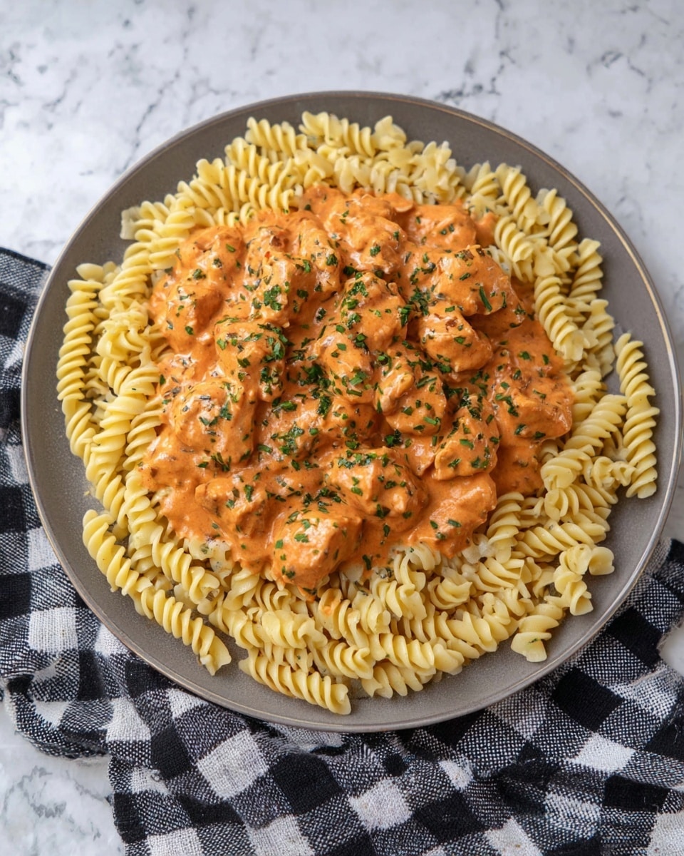 A grey plate on a white marbled surface holds two layers of food arranged in a circular shape. The bottom layer consists of pale yellow spiral pasta spread evenly to form a ring around the plate's edge. The top layer sits at the center, made up of chunks of meat covered with a thick, creamy orange sauce speckled with small green herb bits. The sauce and meat pieces create a slightly uneven textured mound over the pasta. A black and white checkered cloth is partially visible under the plate. photo taken with an iphone --ar 4:5 --v 7