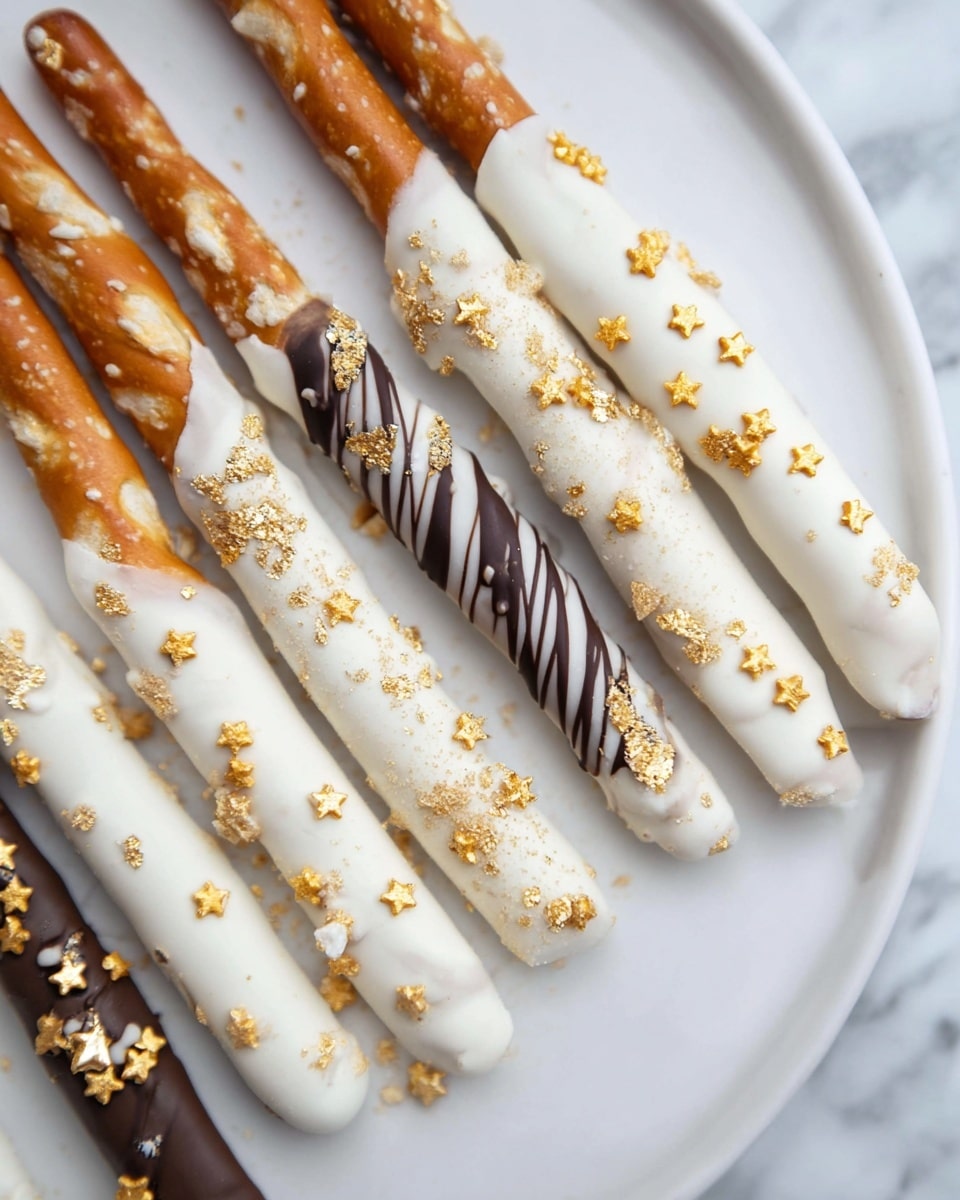The image shows six pretzel sticks placed side by side on a white plate over a white marbled texture. Each pretzel is dipped halfway in white coating, forming a smooth, creamy layer that covers the lower two-thirds from the bottom. Three of the pretzels are decorated with small, shiny gold and white star-shaped sprinkles evenly spaced along the white coating. Two pretzels have a dusting of fine gold powder sprinkled unevenly over the white coating, creating a gentle shimmer. One pretzel features a dark chocolate drizzle in thin, irregular lines, forming a contrast against the white coating. The visible upper part of each pretzel is golden brown with a slightly rough and grainy texture. photo taken with an iphone --ar 4:5 --v 7