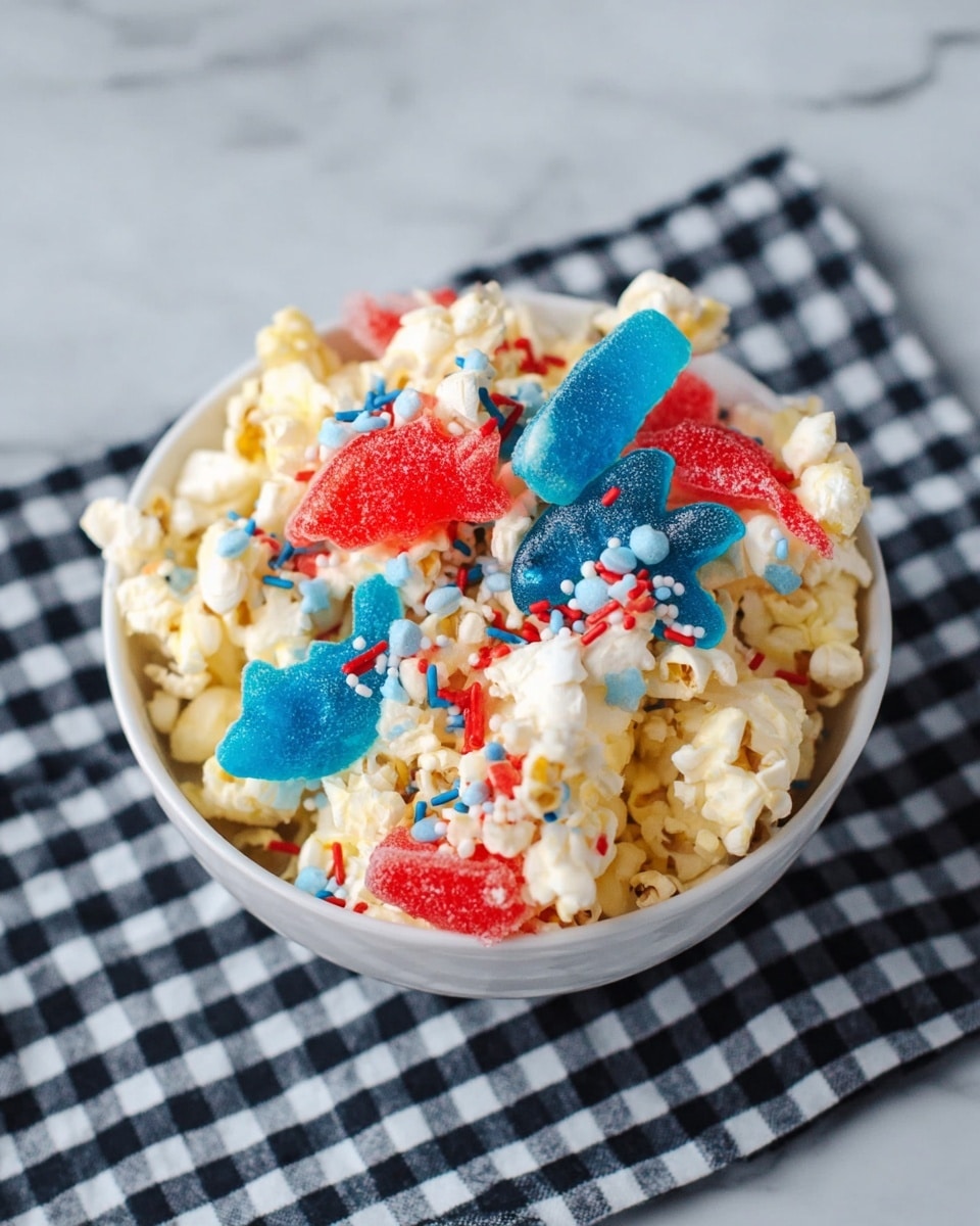 A white bowl filled with popcorn forms the base layer, showing a light yellow color and fluffy texture. On top, there is a layer of blue and red gummy candies shaped like fish and bottles, adding bright, shiny, and slightly translucent colors. The candies are scattered unevenly, some laying flat while others lean against popcorn pieces. Small blue round sprinkles and red tiny sugar crystals are dotted over the whole mix, giving a colorful, festive look. The bowl sits on a black and white checkered cloth over a white marbled surface. Photo taken with an iphone --ar 4:5 --v 7