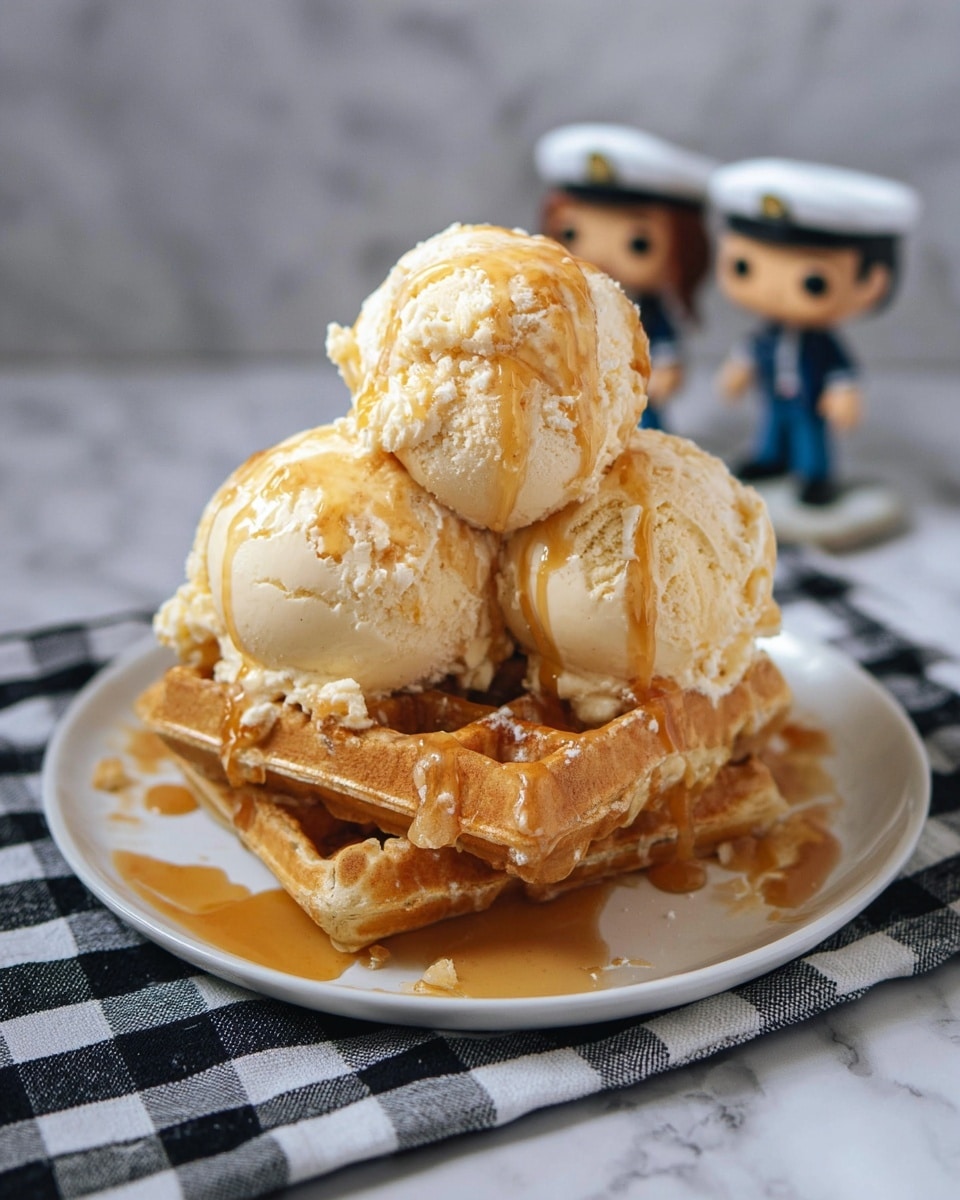 A stack of light golden waffles sits on a white plate, topped with three large scoops of creamy, pale yellow ice cream with visible swirls of caramel sauce. The ice cream melts slightly, dripping golden caramel over the waffles and pooling on the plate. The waffles have a crisp texture with small square indents. The plate rests on a black and white checkered cloth on top of a white marbled surface. In the background, two small figures with white sailor hats and dark clothing are slightly out of focus, adding a playful touch to the scene. Photo taken with an iphone --ar 4:5 --v 7