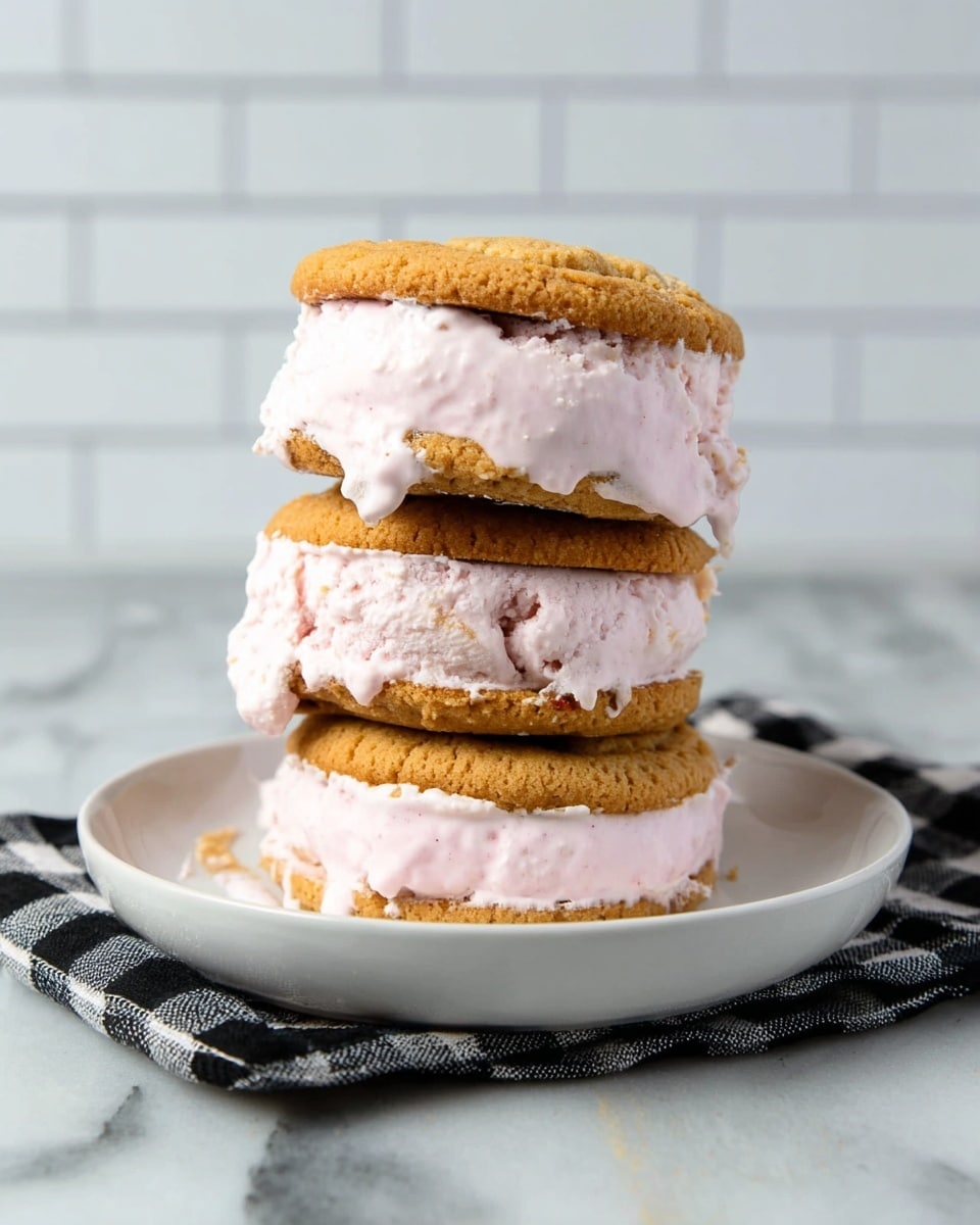 Three ice cream sandwiches are stacked on top of each other on a white plate placed on a black-and-white checkered cloth. Each sandwich has two golden brown cookie layers with a thick layer of light pink ice cream in the middle, slightly melted and spreading onto the plate. The surface underneath has a white marbled texture, and the background is a white tiled wall. photo taken with an iphone --ar 4:5 --v 7