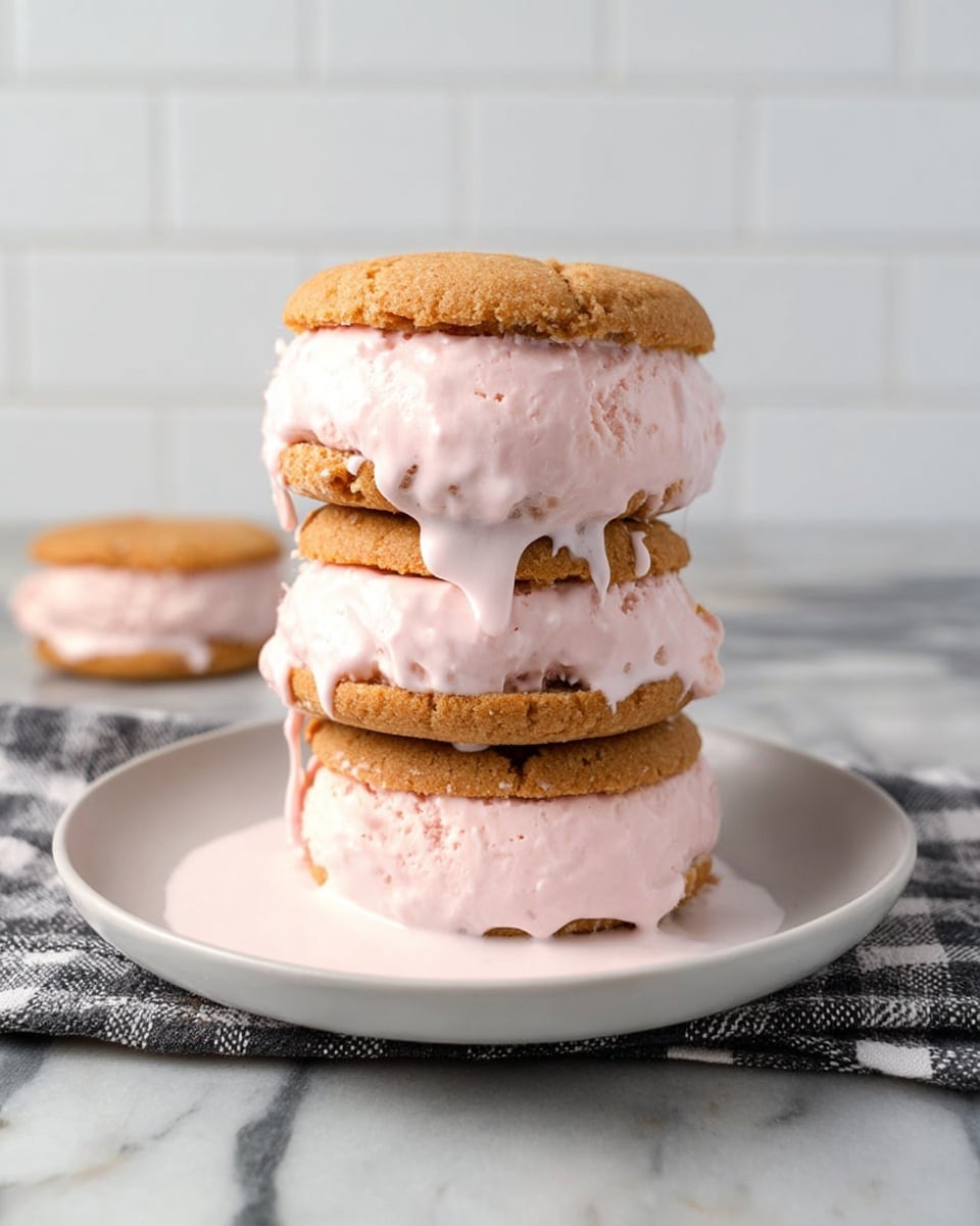 A stack of three ice cream sandwiches is centered on a white plate. Each sandwich has two light brown, slightly crumbly cookies as the top and bottom layers, with thick, smooth pale pink ice cream filling in between. The ice cream is soft and melting slightly, dripping onto the plate around the base. The plate rests on a checkered cloth atop a white marbled surface with a white tiled wall in the background. photo taken with an iphone --ar 4:5 --v 7