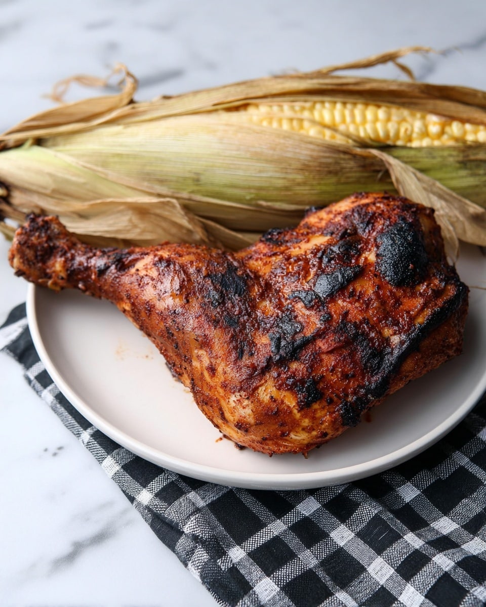 A close-up view of a white plate with a single piece of grilled chicken leg quarter placed on the right side, showing a dark brown, crispy, and slightly charred skin with a rough texture. Behind the chicken, there is a whole ear of corn with its husk partially peeled back, displaying dry, light brown and green outer leaves. The plate sits on a black and white checked cloth, all set against a white marbled surface. photo taken with an iphone --ar 4:5 --v 7