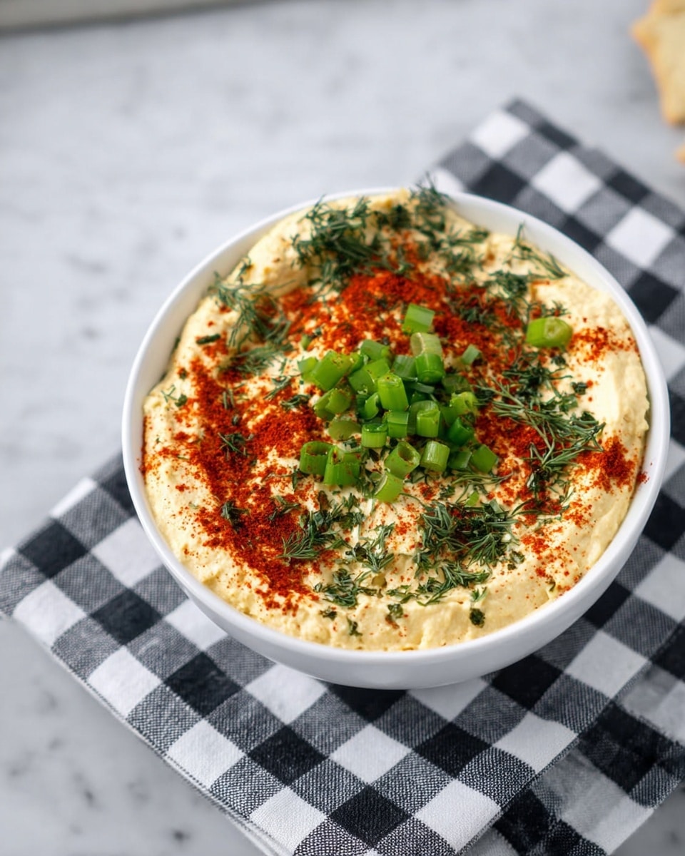 A white bowl filled with a creamy, pale yellow dip sits centered on a black and white checkered cloth atop a white marbled surface. The dip is topped with a layer of red paprika powder that adds a rough, powdery texture. Scattered on the surface are dark green, finely chopped herbs, likely dill, creating a delicate, feathery pattern. Additionally, small pieces of bright green chopped scallions or green onions are spread unevenly on top, adding a fresh and crisp contrast to the smooth dip. Photo taken with an iphone --ar 4:5 --v 7