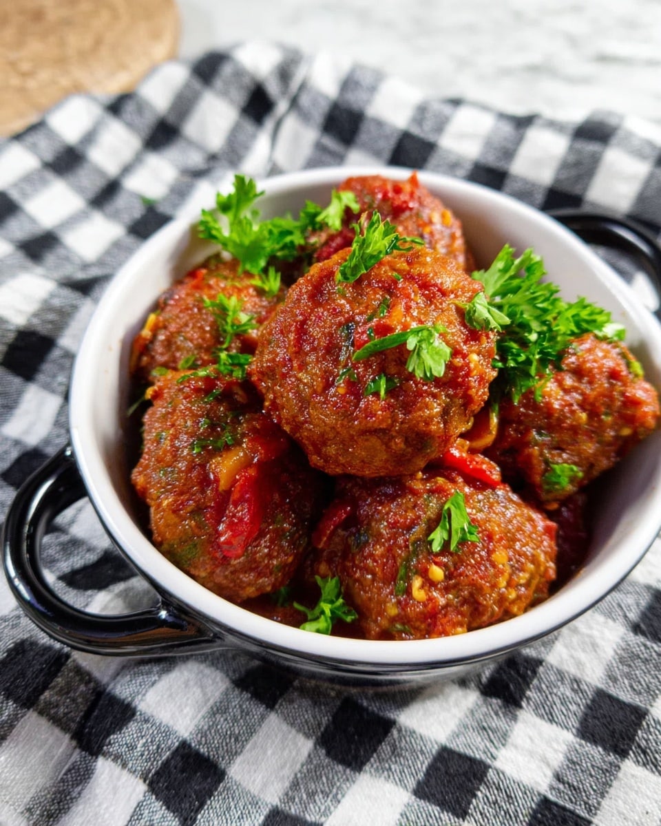 A white bowl with black handles is filled with several round, brown fried balls covered in a chunky red sauce mixed with visible small pieces of tomato and herbs. Bright green parsley leaves are sprinkled on top and around the balls for decoration. The bowl is set on a black and white checkered cloth over a white marbled surface. The mixture of colors and textures gives a fresh and hearty look. photo taken with an iphone --ar 4:5 --v 7