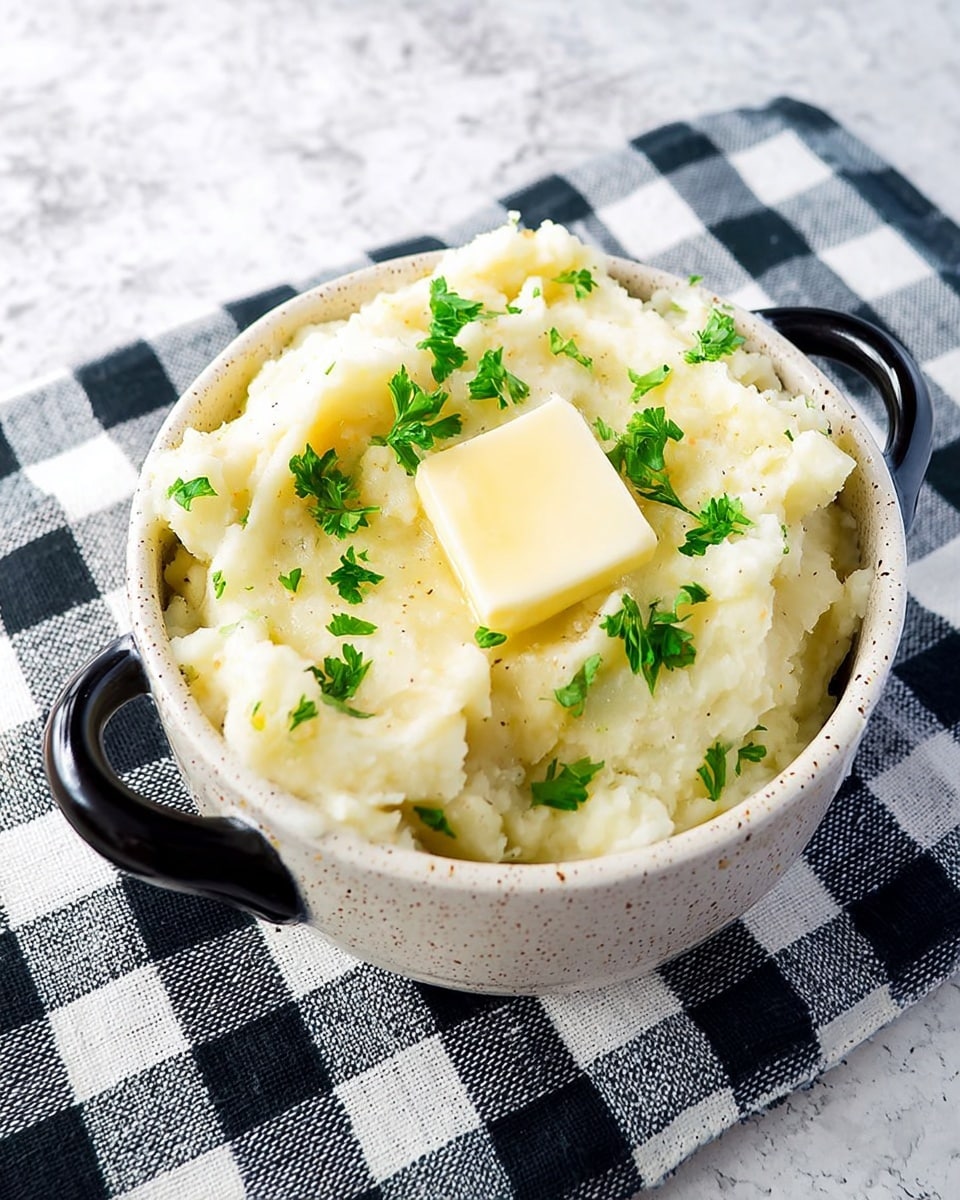 A white speckled bowl with black handles is filled with creamy mashed potatoes that have a soft, fluffy texture with some lumps. On top, there is a square pat of melting pale yellow butter surrounded by small bright green parsley leaves scattered around the surface. The bowl sits on a black and white checkered cloth placed over a white marbled surface. photo taken with an iphone --ar 4:5 --v 7