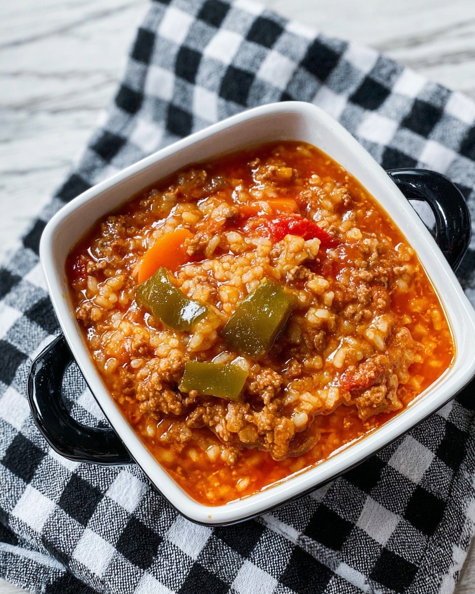 The dish is a thick stew served in a white square bowl with black handles, placed on a white marbled surface covered by a black and white checkered cloth. The stew has several layers starting with a rich, glossy orange-red sauce that covers the dish. Mixed within the sauce are chunky pieces of tender ground meat, bright green bell pepper slices, and soft orange carrot slices. The stew has a shiny texture with bits of cooked rice mixed throughout, adding a slightly grainy look to the otherwise smooth sauce. photo taken with an iphone --ar 4:5 --v 7