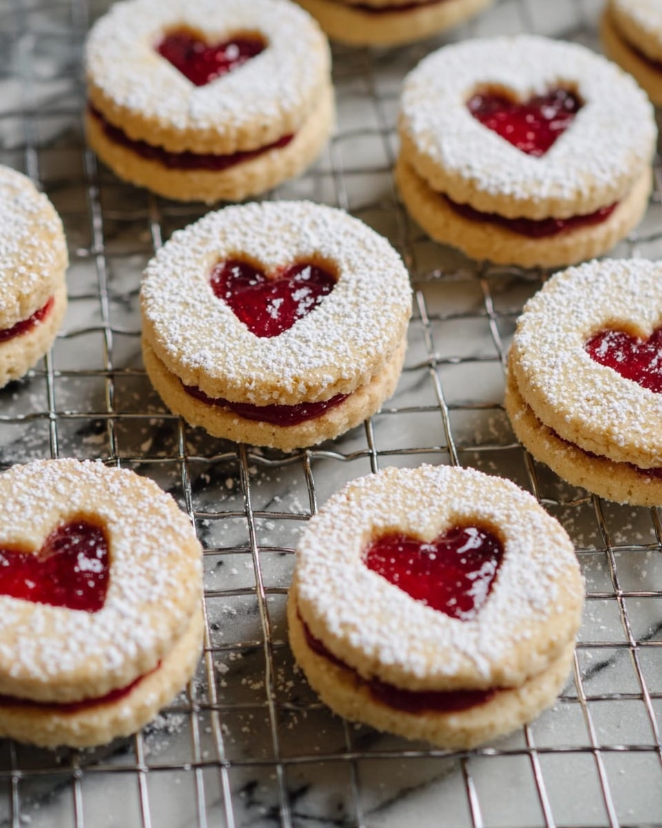 The image shows several round sandwich cookies arranged on a metal cooling rack over a white marbled surface. Each cookie has two layers: the bottom and top layers are light golden-brown with a slightly crumbly texture. The top layer has a small heart-shaped cutout in the center, showcasing the bright red jam filling inside. A generous dusting of white powdered sugar covers the top of each cookie, contrasting with the red jam that slightly oozes from between the layers. The overall look is neat and inviting, with a warm home-baked feel. photo taken with an iphone --ar 4:5 --v 7